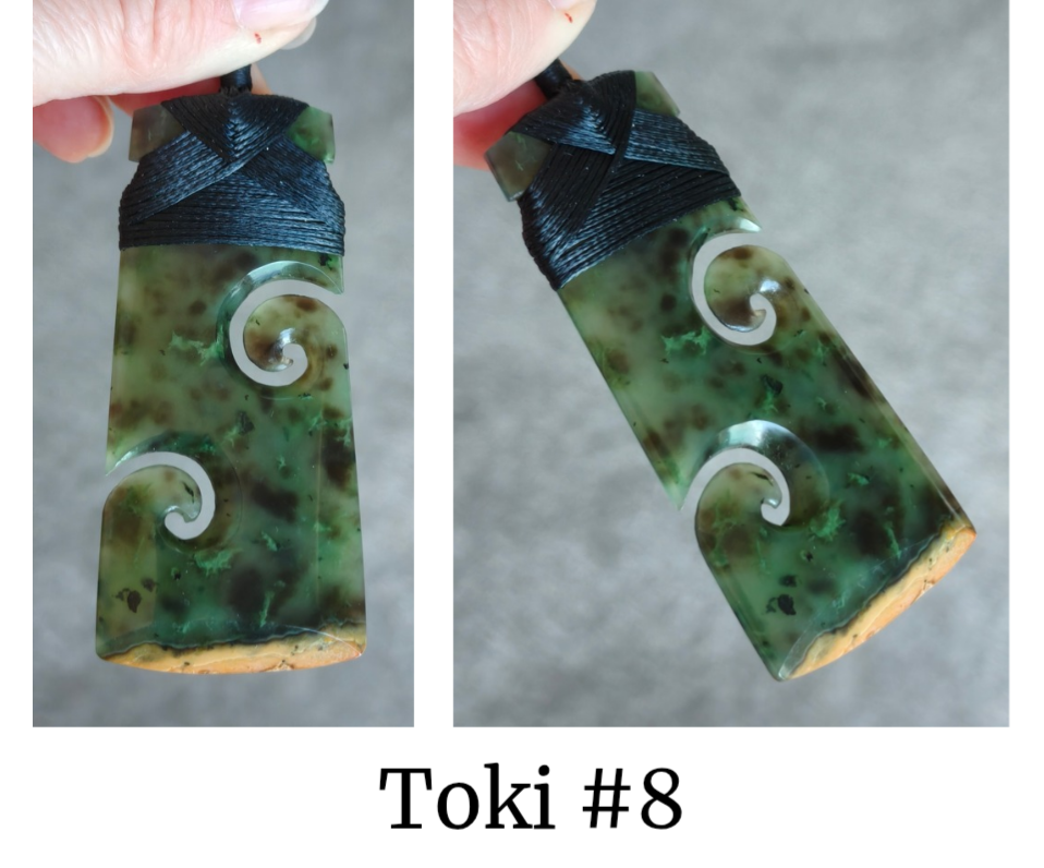 NZ Flower Jade Greenstone Toki With Double Koru #FJ