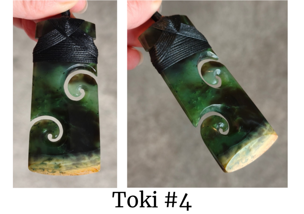 NZ Flower Jade Greenstone Toki With Double Koru #FJ