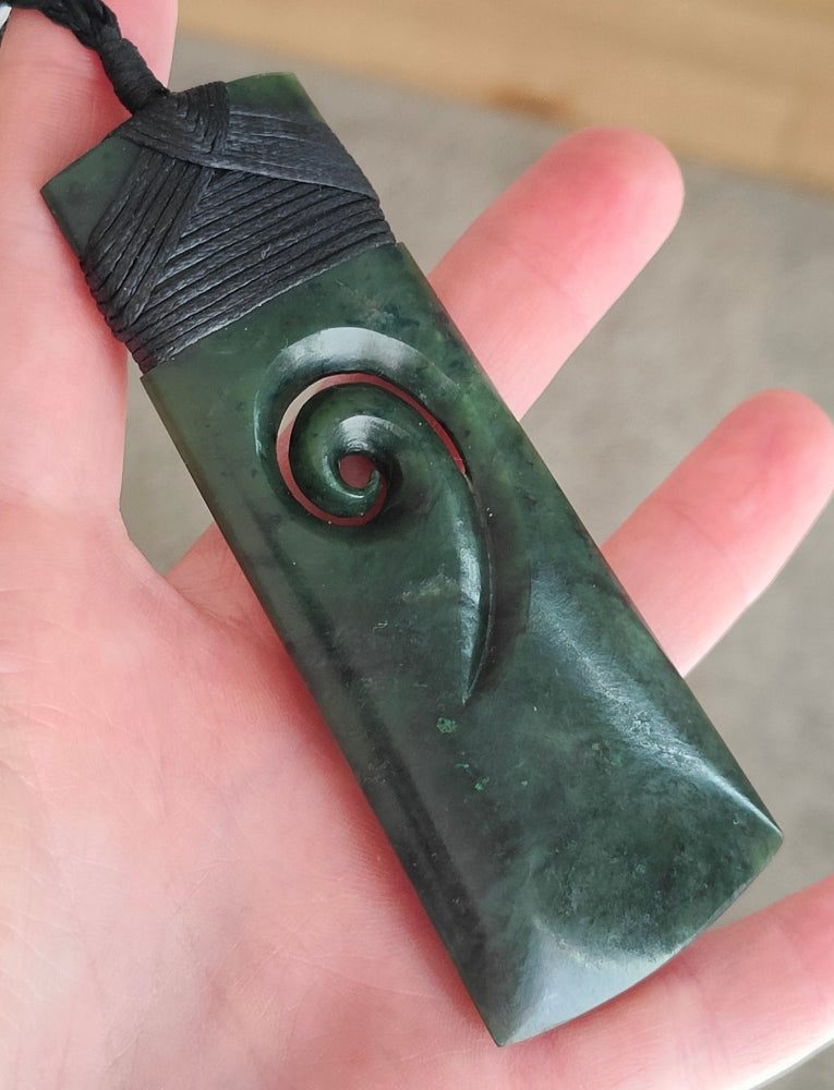 NZ Greenstone Toki With Koru Carving 90mm #56B
