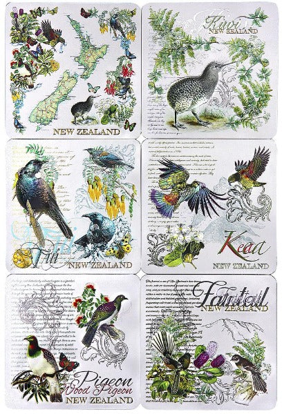 6 Pack NZ Map & Birds Foil Coaster Set