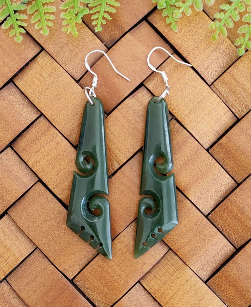 NZ Greenstone Drop Koru Earrings 55mm #60