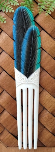 Heru Tui Feathers Bone Carving Comb Hair Piece Souvenir