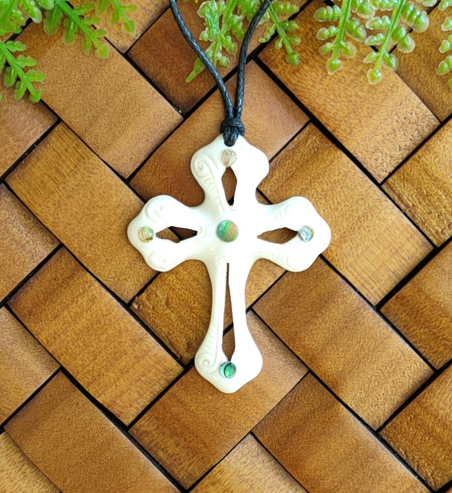 Bone Carving - Cross with Paua Necklace - 47mm