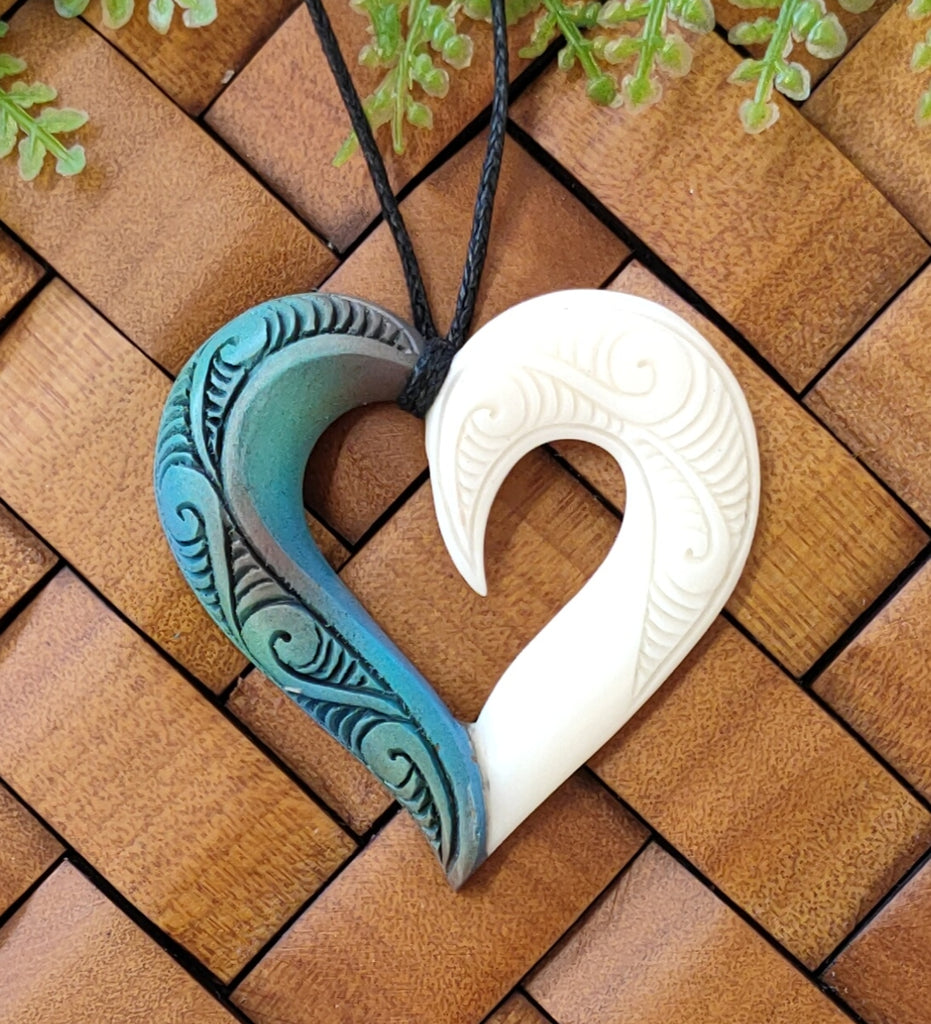Hand Painted Heart Bone Carving Necklace #16
