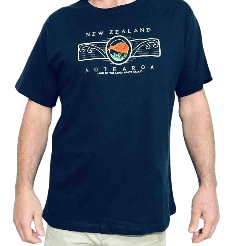 Men's Navy T-Shirt - Embroidered Kiwi Koru