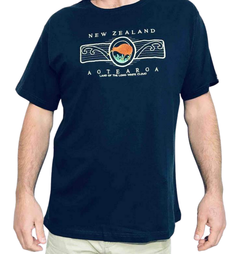 Men's Navy T-Shirt - Embroidered Kiwi Koru