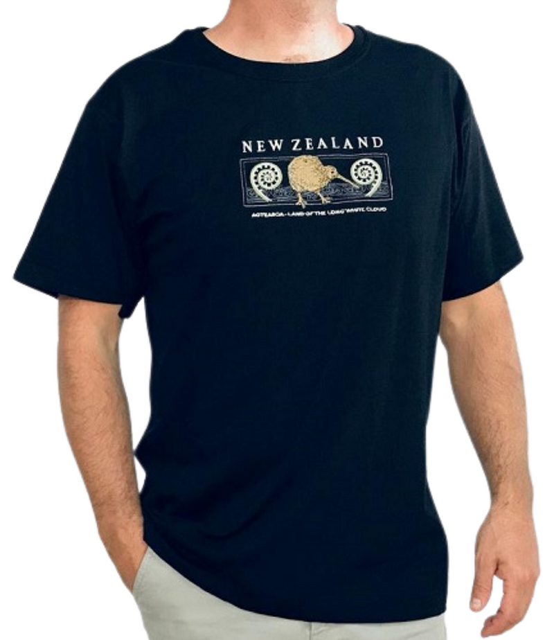 Men's Black T-Shirt - Embroidered Kiwi Fern