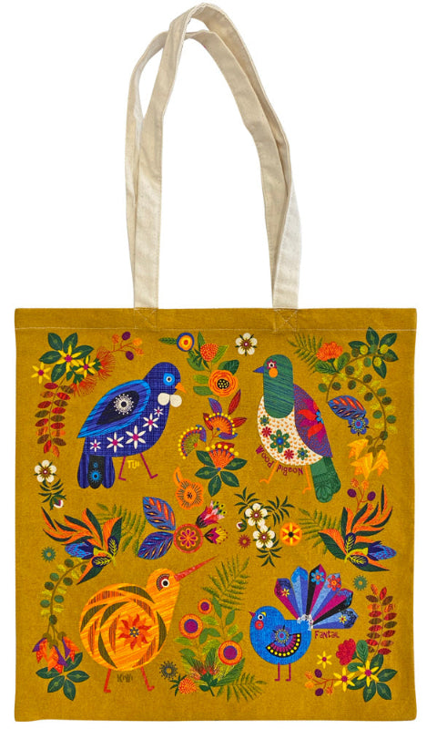 Retro Birds Cotton Tote Bag - Mustard Main image