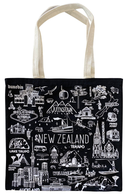 NZ Sketch Black Cotton Tote Bag