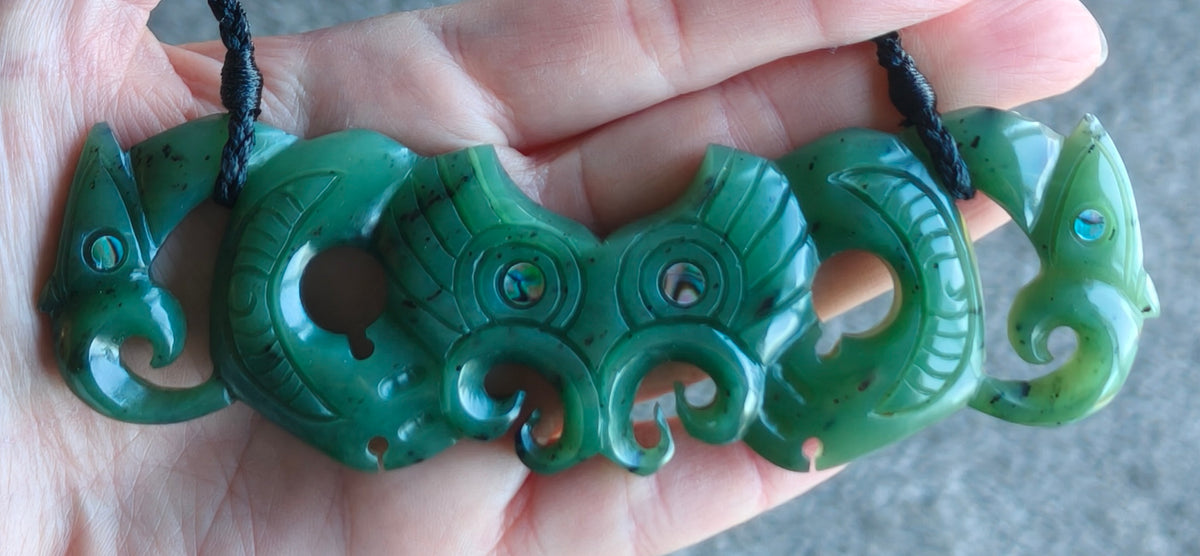 NZ Greenstone Double Manaia Breast Plate 135mm #01