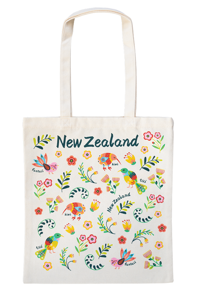 Tote bag with New Zealand-themed design featuring birds and flowers on a white background Main image
