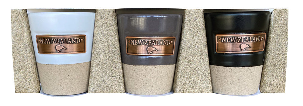 3 Pack Kiwi Metal Badge Ceramic Shot Glass Set Main image