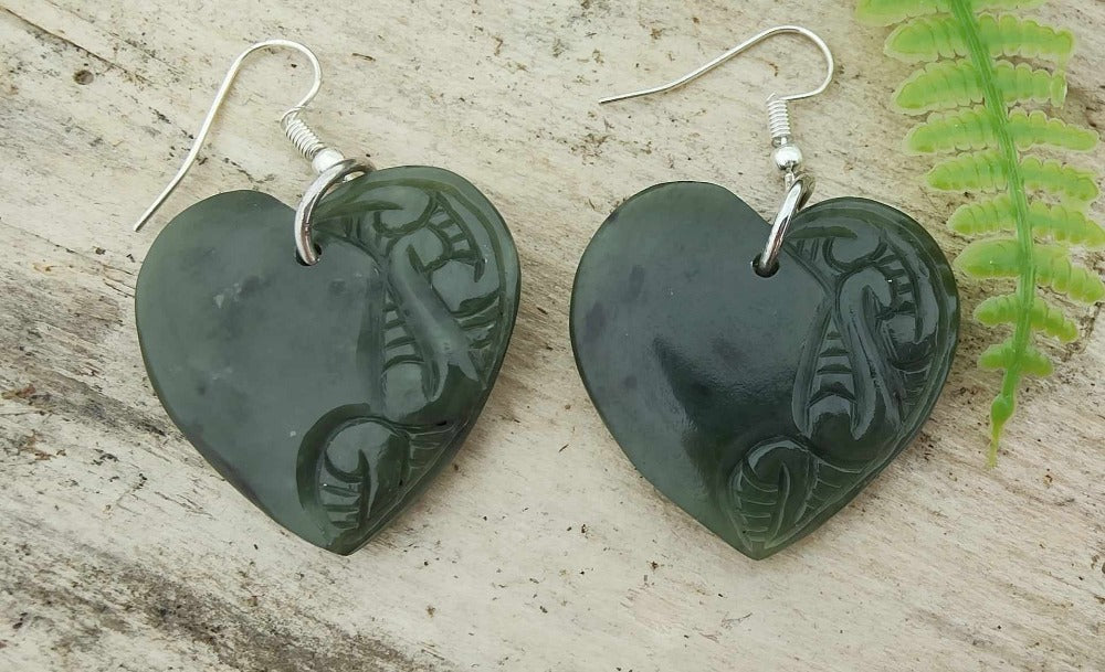 NZ Greenstone Heart With Koru Carving Earrings