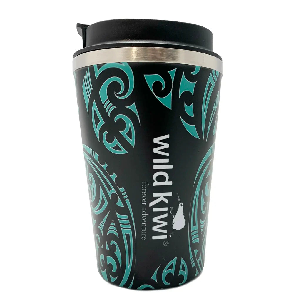 Black travel mug with teal patterns and 'Wild Kiwi' branding on a white background