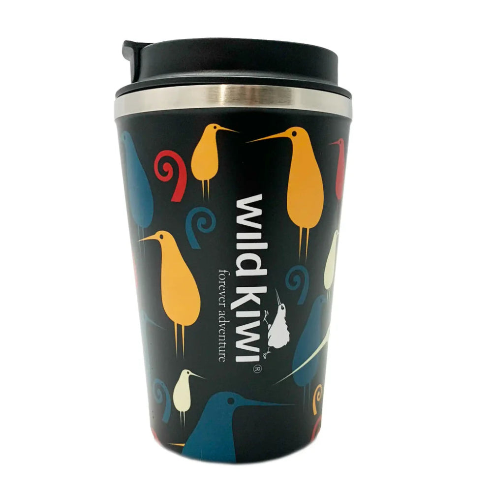 Travel mug with colorful bird designs and 'wildkiwi' branding on a white background Main image