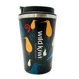 Travel mug with colorful bird designs and 'wildkiwi' branding on a white background