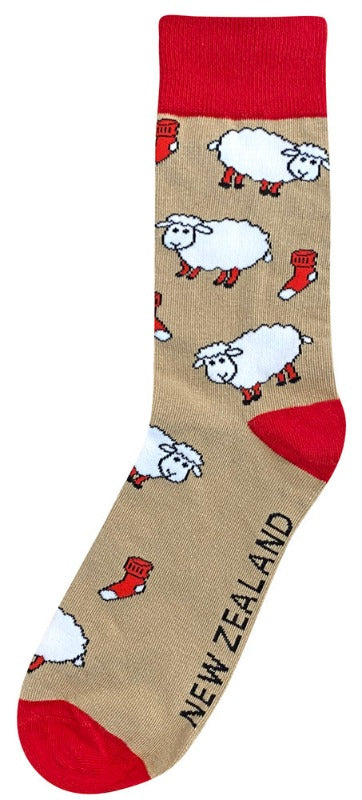 Adults Crew Sheep Socks Red/Taupe