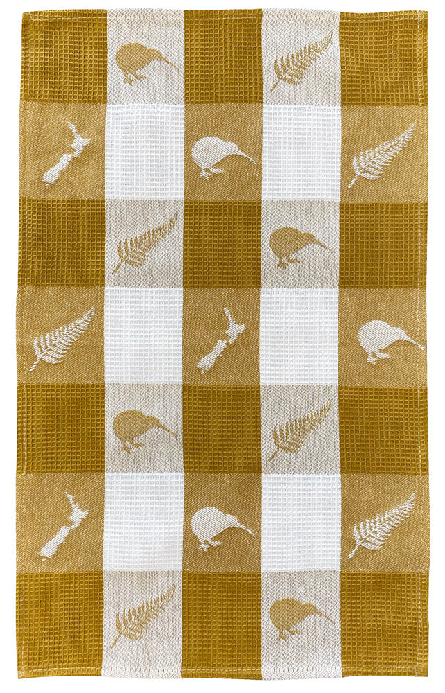 Waffle Tea Towel NZ Icons - Mustard Main image