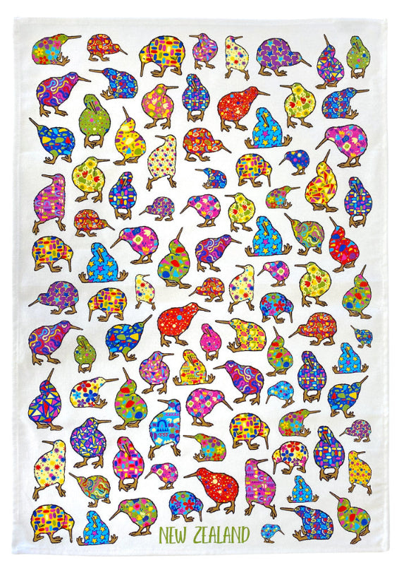 NZ Coloured Kiwis Tea Towel