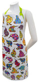 A white kitchen apron with a colorful kiwi bird pattern, displayed on a white mannequin torso. The apron features bright green neck and waist straps, and the word 'NZ LAND' is printed in gold at the bottom left.