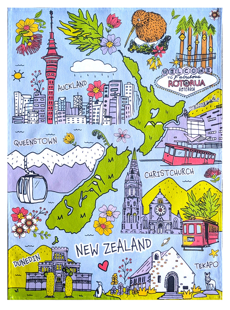 A colorful illustrated map-style print of New Zealand, with labeled landmarks including Wellington, Auckland, Queenstown, Christchurch, Dunedin, and Tekapo, plus flowers, a kiwi, cable cars, a tram, and penguins on a light blue background.