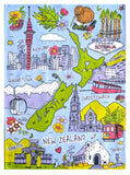 A colorful illustrated map-style print of New Zealand, with labeled landmarks including Wellington, Auckland, Queenstown, Christchurch, Dunedin, and Tekapo, plus flowers, a kiwi, cable cars, a tram, and penguins on a light blue background.