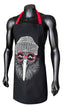 A black apron with red neck straps displayed on a black mannequin torso. The apron features a graphic illustration of a bird's face wearing a gray knit beanie and red-rimmed sunglasses with mountain silhouettes.
