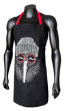 A black apron with red neck straps displayed on a black mannequin torso. The apron features a graphic illustration of a bird's face wearing a gray knit beanie and red-rimmed sunglasses with mountain silhouettes.