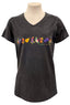 Black t-shirt with colourful bird design on a mannequin against a white background