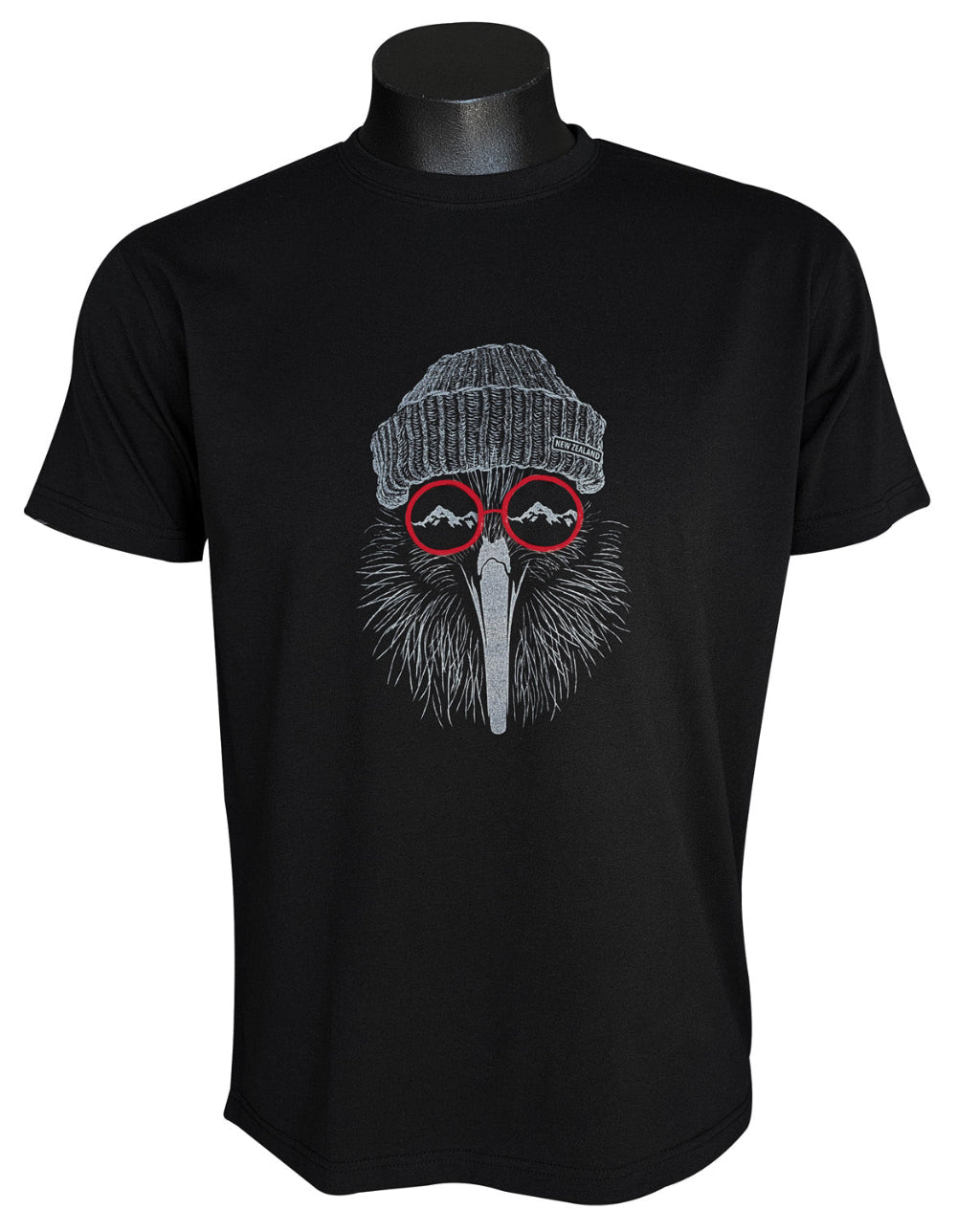 Black t-shirt with a graphic of a kiwi wearing a beanie and sunglasses on a mannequin. Main image