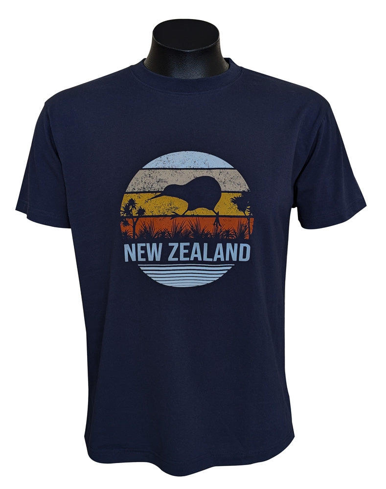 Navy blue t-shirt with New Zealand design on a mannequin against a white background