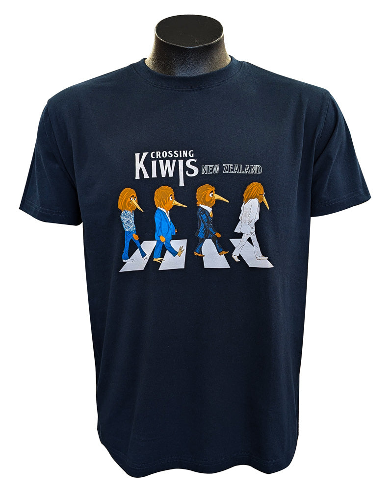 Navy blue t-shirt with 'Crossing Kiwis New Zealand' design on a mannequin against a white background
