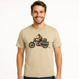 Man wearing a beige t-shirt with a graphic design of a motorcycle  on a white background
