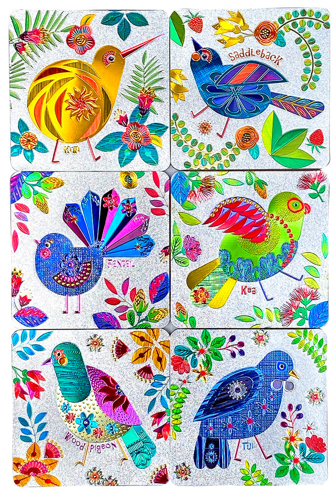6 Pack NZ Retro Birds Foil Coaster Set