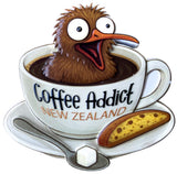 Magnet cartoon kiwi bird in a coffee cup with 'Coffee Addict New Zealand' text on a white background