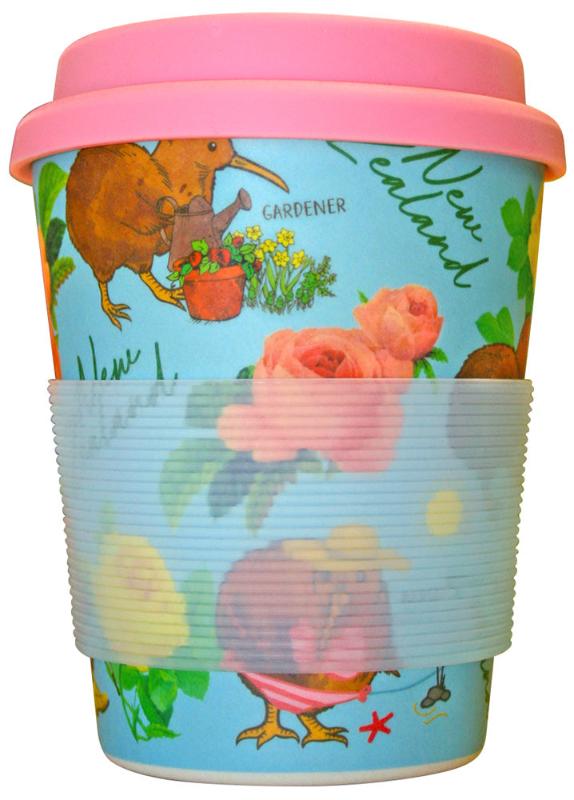 Kiwi and Flowers - Blue With Pink Lid - Bamboo Coffee Cup Main image