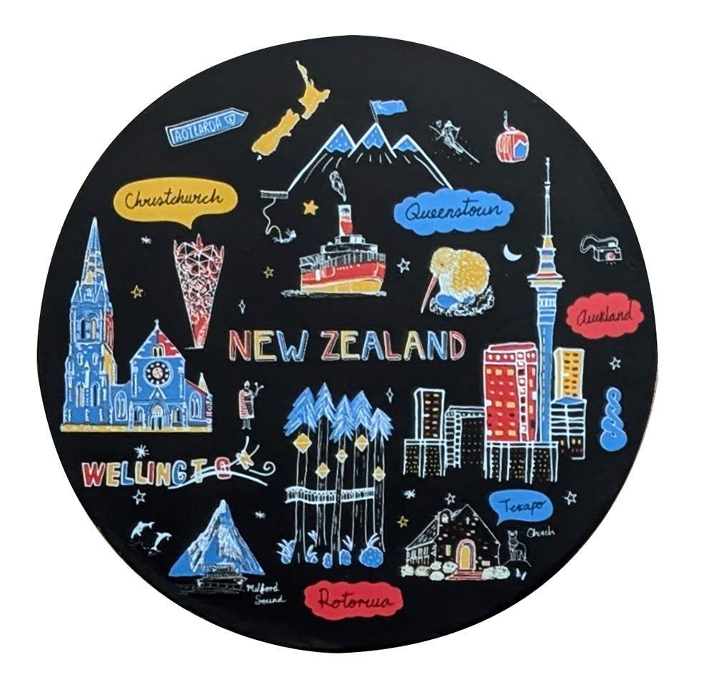 NZ Black Sketch Circle Coaster Set - 4 Pack Main image