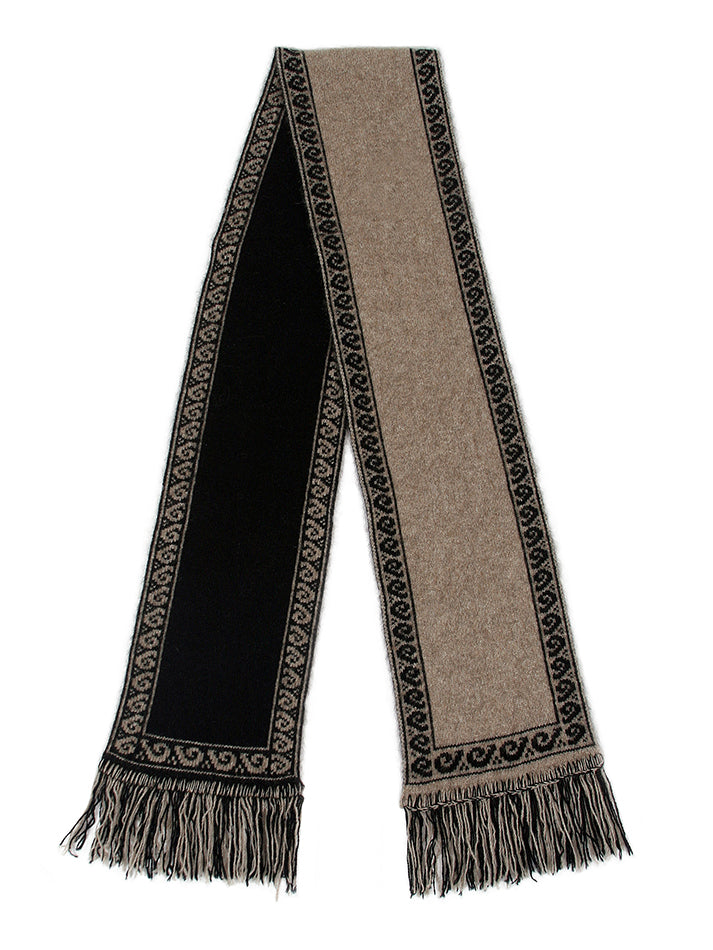 Brown scarf with black pattern and fringes on a white background