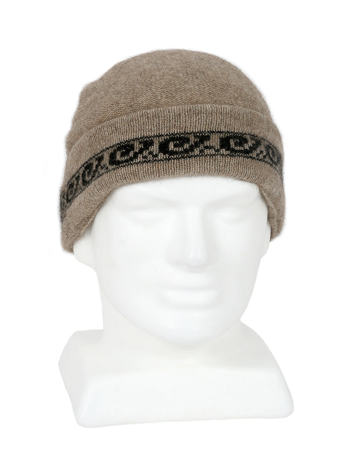 Beige beanie with patterned band on a mannequin head against a white background