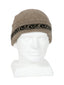 Beige beanie with patterned band on a mannequin head against a white background