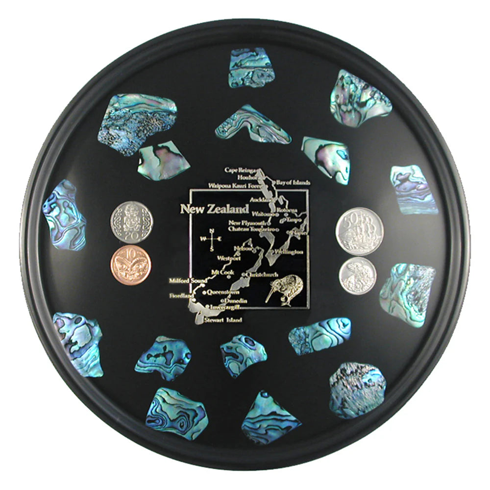 Bar Tray - NZ Map Paua Pieces - Four NZ Coins