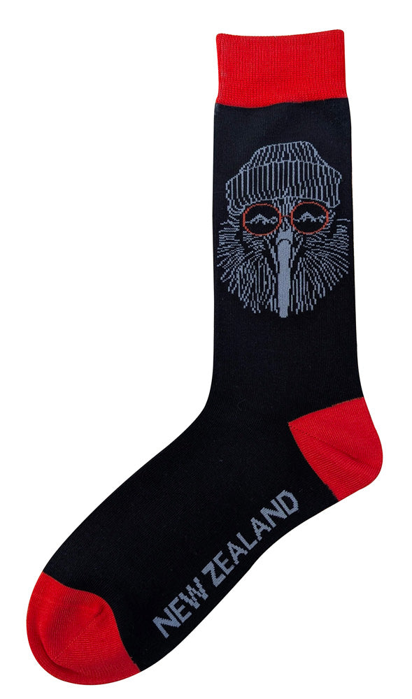 Black sock with red accents featuring a kiwi bird design and 'New Zealand' text on a white background Main image