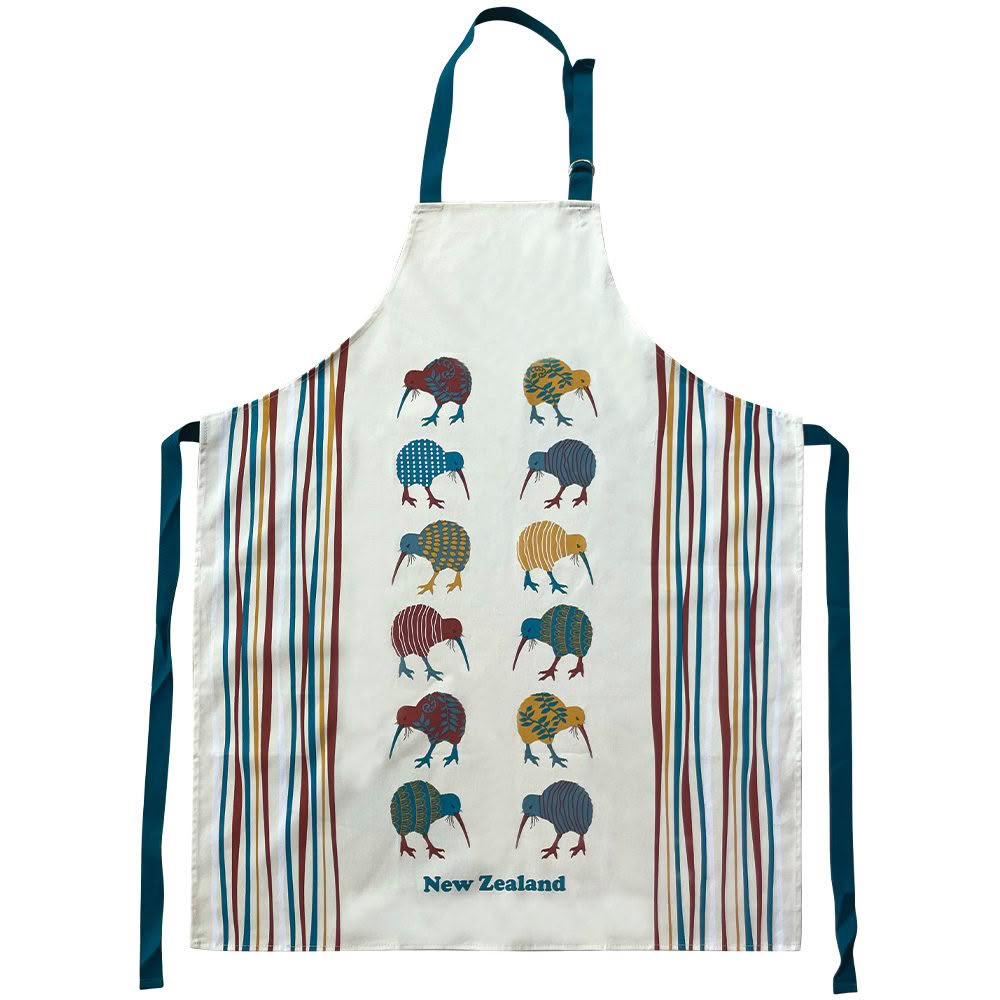 Apron with kiwi bird designs and 'New Zealand' text on a white background