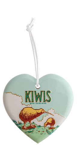 Heart-shaped ceramic ornament with a kiwi bird design and 'Kiwis New Zealand' text on a white background. Main image