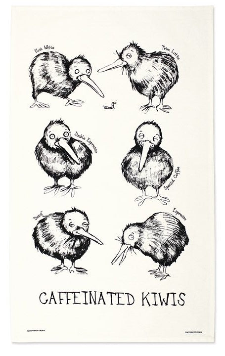 An off-white rectangular tea towel or poster featuring six black hand-drawn sketches of kiwi birds with handwritten labels and the text 'CAFFEINATED KIwis' at the bottom. Main image