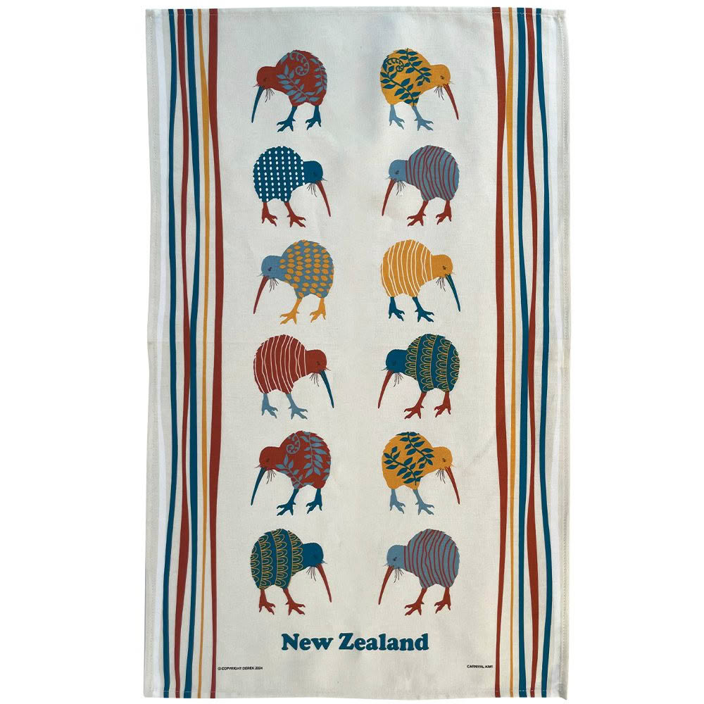 Tea towel with colorful kiwi bird design and 'New Zealand' text on a white background