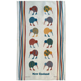 Tea towel with colorful kiwi bird design and 'New Zealand' text on a white background