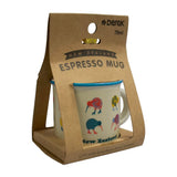 New Zealand Espresso Mug in its original brown kraft paper gift packaging, featuring a white ceramic mug with colorful kiwi bird illustrations and a blue rim.