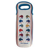 A white wine cooler bag featuring a blue top handle and side trim, decorated with a vertical pattern of kiwi birds in red, blue, and yellow, with 'New Zealand' printed at the bottom.
