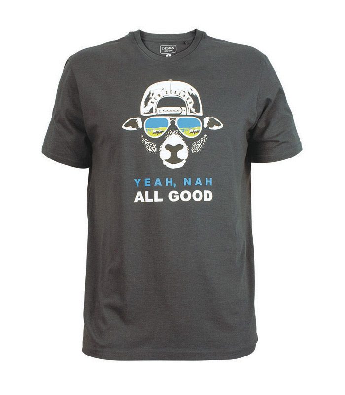Grey t-shirt with a graphic of a sheep wearing sunglasses and a cap, and text 'Yeah, Nah All Good' on a white background. Main image